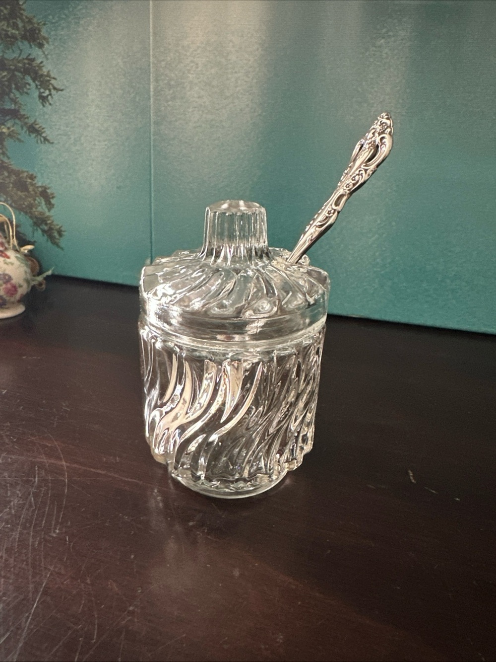 Vintage Avon Sugar Jam Jar w/Lid & SS Spoon Swirl Pattern Clear Glass